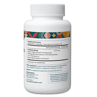Pattern Wellness Ashwagandha Complex - Organic KSM-66 & Black Pepper - Stress Response & Energy Balance - 360 Vegan Capsules