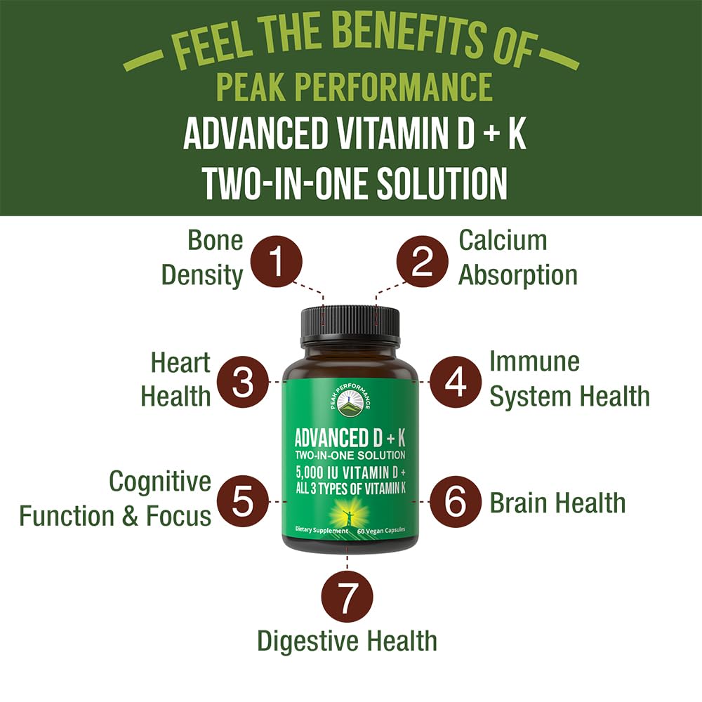 Peak Performance Vitamin D 5000 IU with Vitamin K (K1, MK-4, MK-7) | 60 Veggie Pills