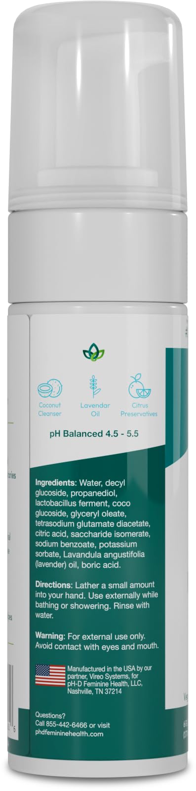 pH-D Feminine Health Boric Acid Foam Wash — pH-Balanced, Plant-Based, Paraben-Free (Sensitive, 6 fl oz)