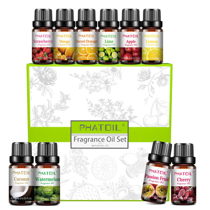 PHATOIL 10pc Fruity Fragrance Oil Set - Coconut, Cherry, Apple, Strawberry, Mango Candle & Soap Scents, Diffuser Oil Set