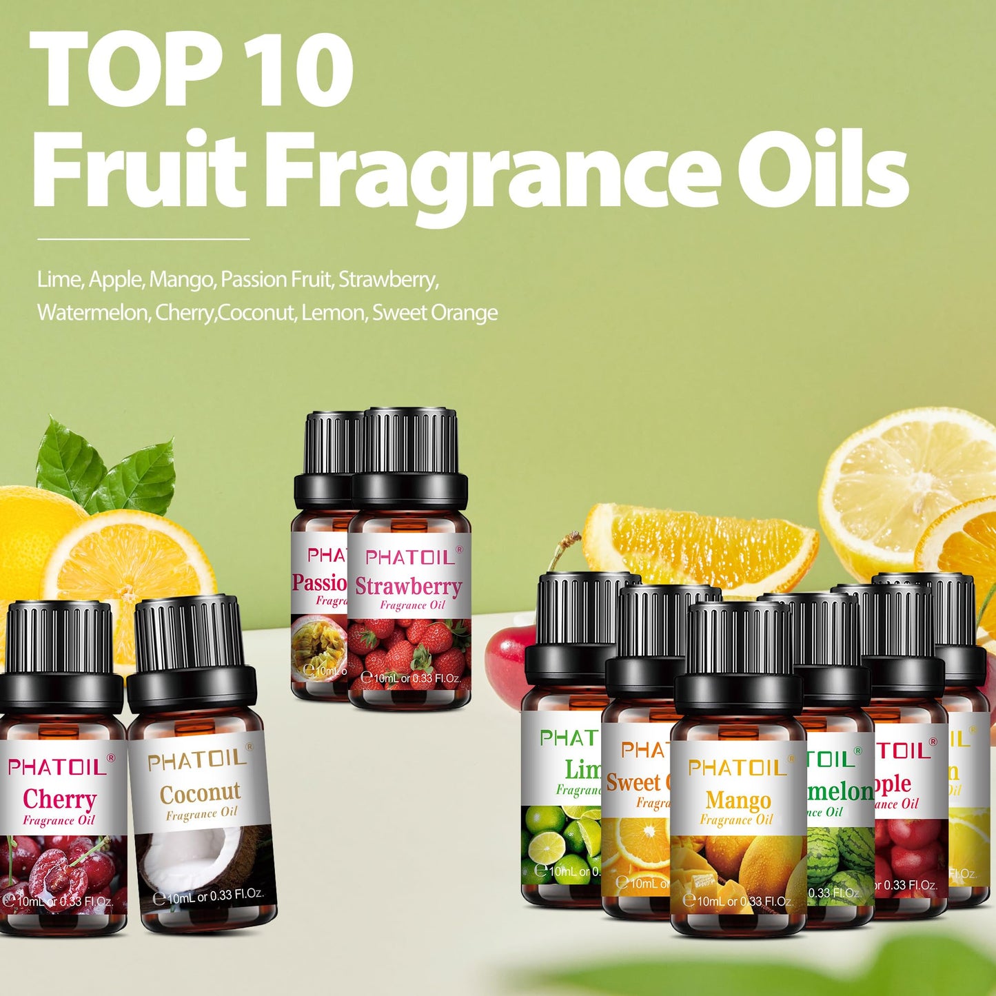 PHATOIL 10pc Fruity Fragrance Oil Set - Coconut, Cherry, Apple, Strawberry, Mango Candle & Soap Scents, Diffuser Oil Set
