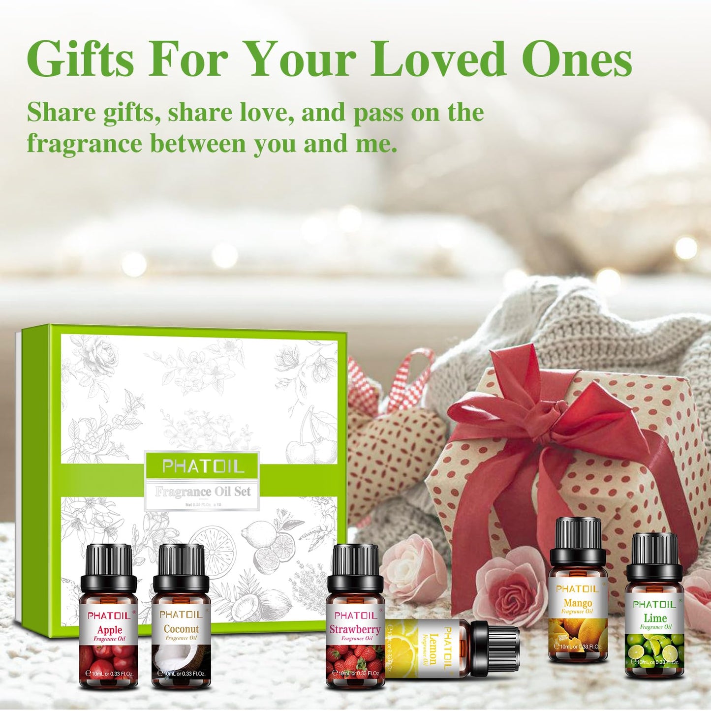 PHATOIL 10pc Fruity Fragrance Oil Set - Coconut, Cherry, Apple, Strawberry, Mango Candle & Soap Scents, Diffuser Oil Set