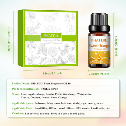 PHATOIL 10pc Fruity Fragrance Oil Set - Coconut, Cherry, Apple, Strawberry, Mango Candle & Soap Scents, Diffuser Oil Set