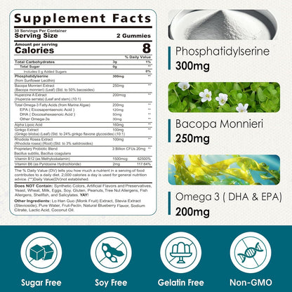 Phosphatidylserine Nootropic Brain Supplement - Focus & Energy Gummies with Bacopa Monnieri, Omega-3, Huperzine A, B12 & B6 - 2 Pack