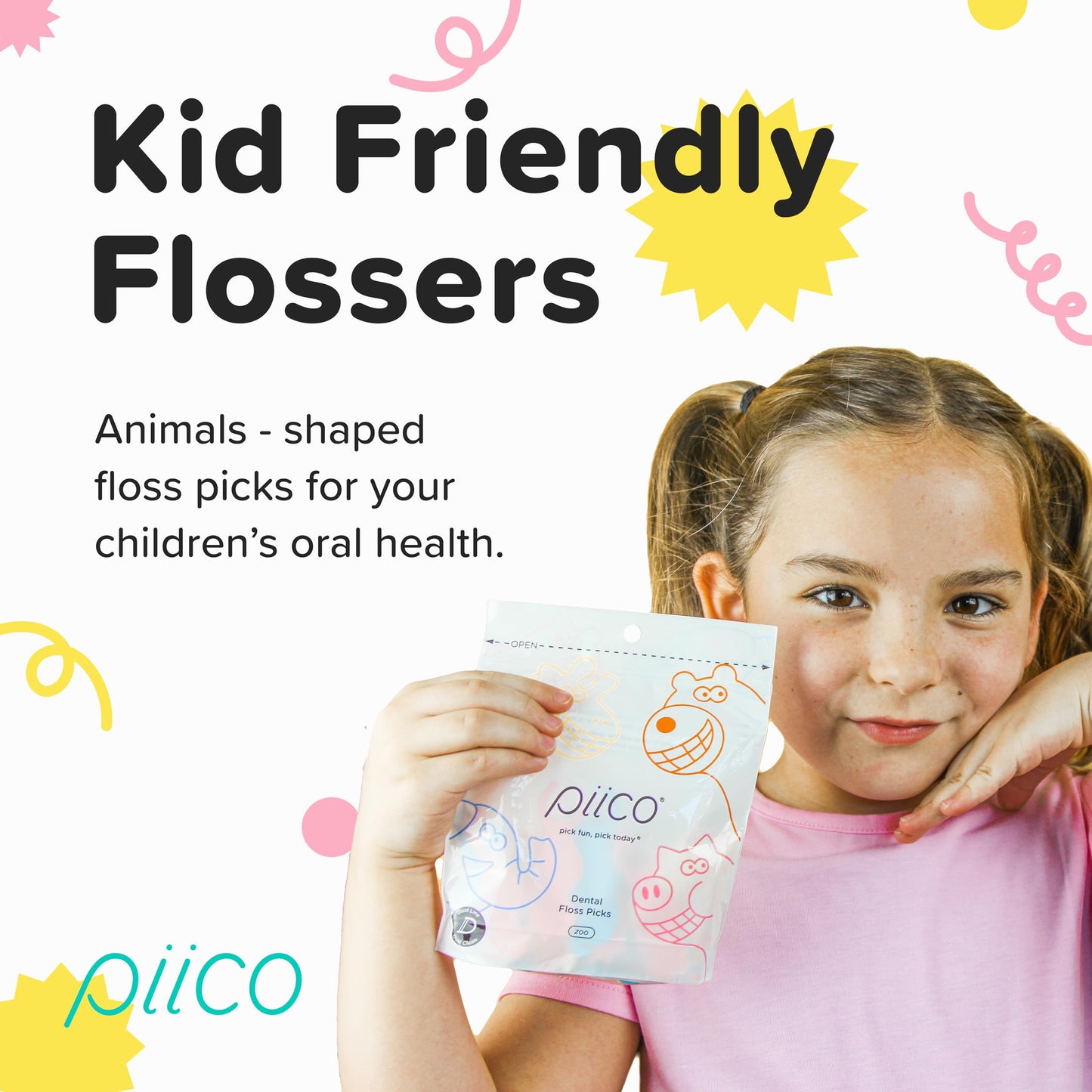 Piico Unflavored Kids Floss Picks – No Fluoride, Dual Line, 150 in Zoo Travel Case