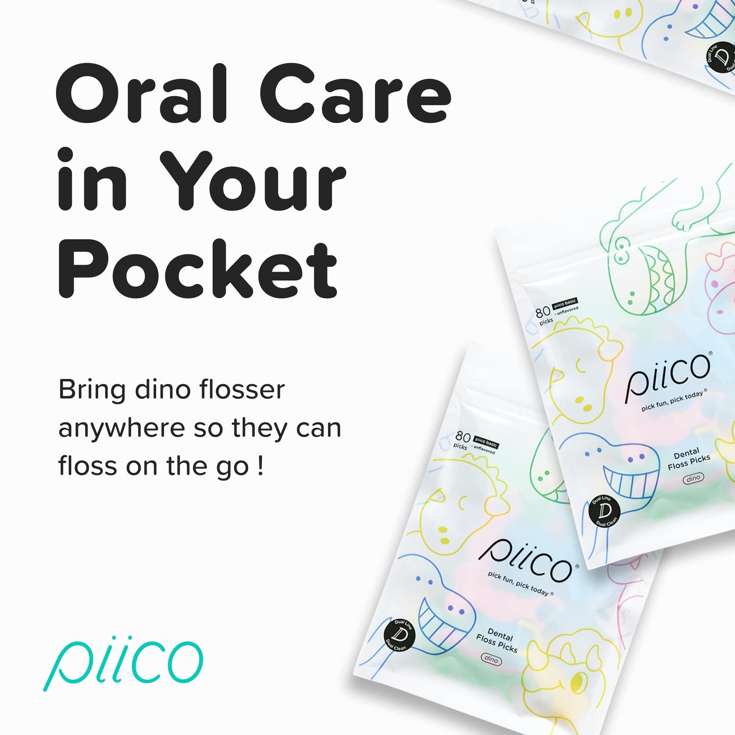 Piico No Flavor Kids Floss Picks - No Fluoride Dual-Line - 150 Dino Homebox
