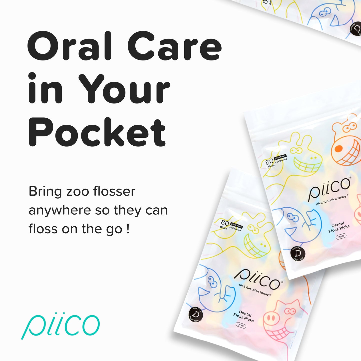 Piico Unflavored Kids Floss – No Fluoride Dual-Line Dental Floss Picks | 240 Count Zoo & Travel Case