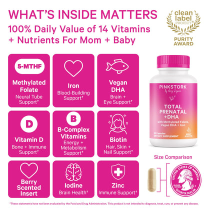 Pink Stork Total Prenatal Vitamins with DHA – Berry Essence, 60 Capsules