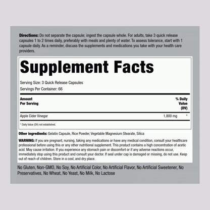 Piping Rock Apple Cider Vinegar Capsules 1800 mg | 200 Pills | Pack of 2 | Non-GMO, Gluten Free
