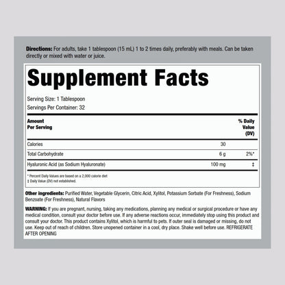 Piping Rock Liquid Hyaluronic Acid Supplement – 100mg, 16 fl oz | Natural Berry Flavor | Vegetarian, Non-GMO, Gluten Free