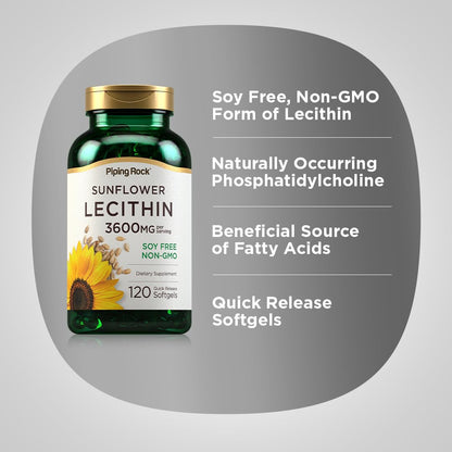 Piping Rock Sunflower Lecithin Softgel Capsules 3600 mg | 120 Count | Phosphatidylcholine | Soy Free, Non-GMO, Gluten Free (Pack of 2)