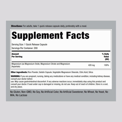 Piping Rock Triple Magnesium Complex | 420 mg | 200 Capsules | Non-GMO, Gluten Free