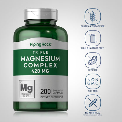 Piping Rock Triple Magnesium Complex | 420 mg | 200 Capsules | Non-GMO, Gluten Free