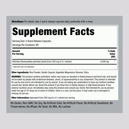 Piping Rock Yohimbe Supplements for Men | 2200 mg | 180 Capsules | Max Concentrated Extract | Non-GMO, Gluten Free Supplement