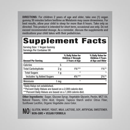 Piping Rock Kids Melatonin Gummy 1mg – Cherry, 90 Gummies | Vegan, Non-GMO, Gluten Free (Pack of 2)