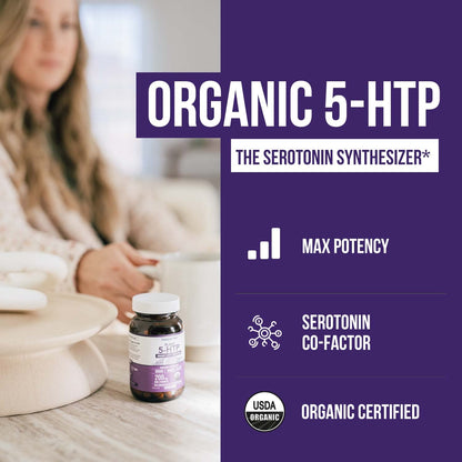 Organic 5-HTP 200mg, 99% Purity, B6 & Lion's Mane – 60 Capsules