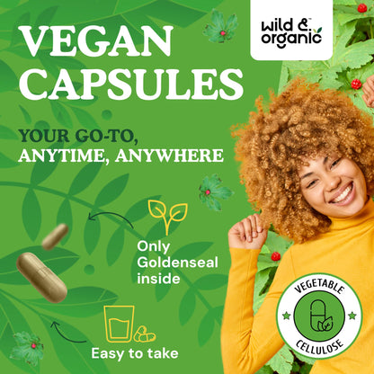 Wild & Organic Goldenseal Root Capsules 1000mg - Immune & Lung Support - 120 Goldenseal Powder Capsules - 2 Month Supply - Vegan, No Fillers, Non-GMO