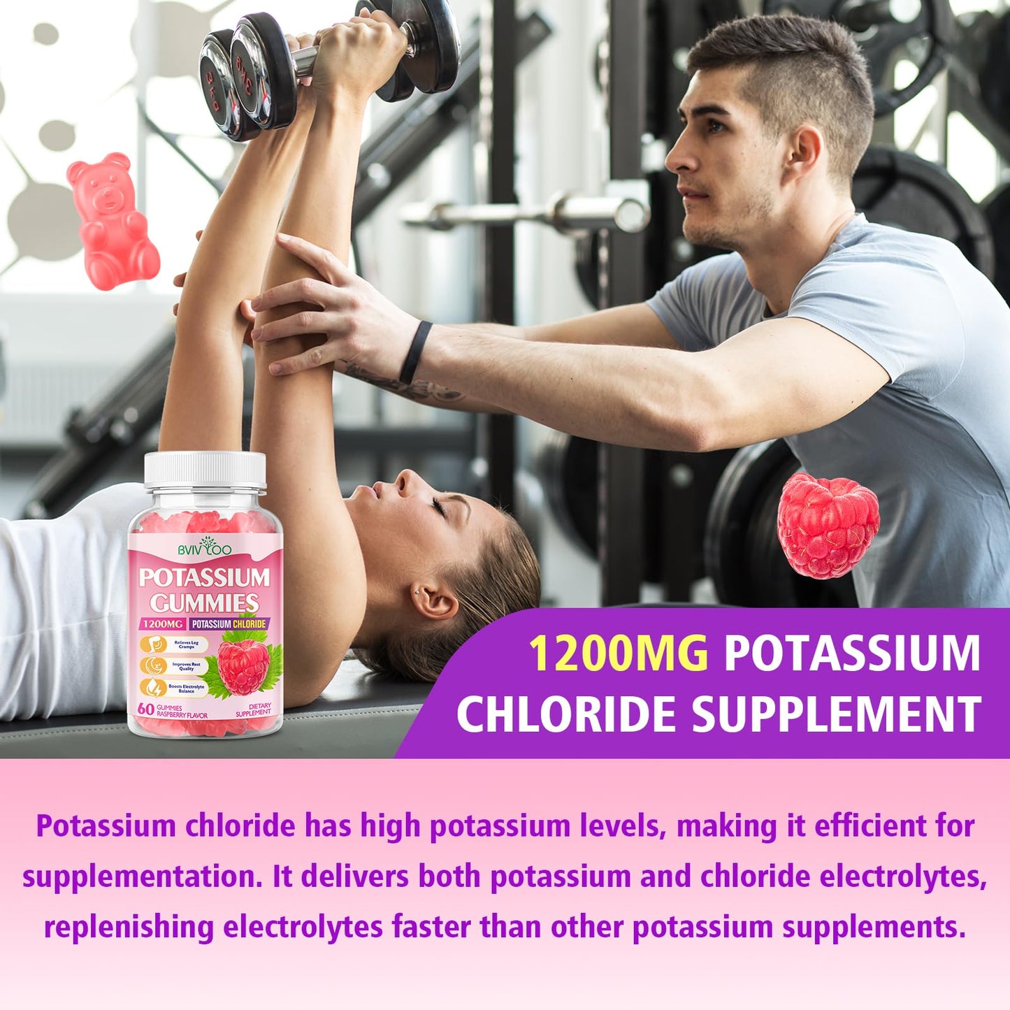 Potassium Chloride Gummies 1200mg - Muscle Health & Leg Cramps Support (60 Count) Raspberry