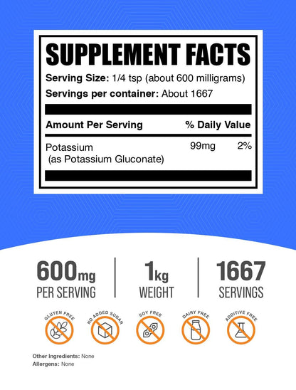 BulkSupplements Potassium Gluconate Powder – Hydration Support, Gluten Free, 99 mg Potassium per Serving, 1 kg