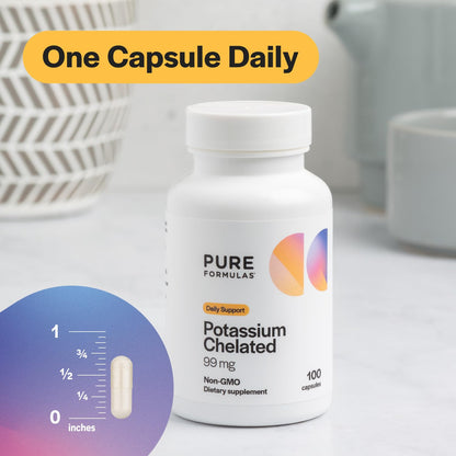 PureFormulas Potassium 99 mg Chelated – Highly Absorbable Potassium Supplement | Non-GMO, 100 Vegetarian Capsules