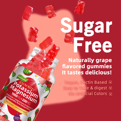 Potassium Magnesium Gummies – High Absorption Magnesium Glycinate, B6, D3, Potassium Citrate | Sugar-Free Strawberry Flavor, 60 Gummies