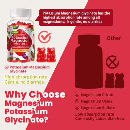 Potassium Magnesium Gummies – High Absorption Magnesium Glycinate, B6, D3, Potassium Citrate | Sugar-Free Strawberry Flavor, 60 Gummies
