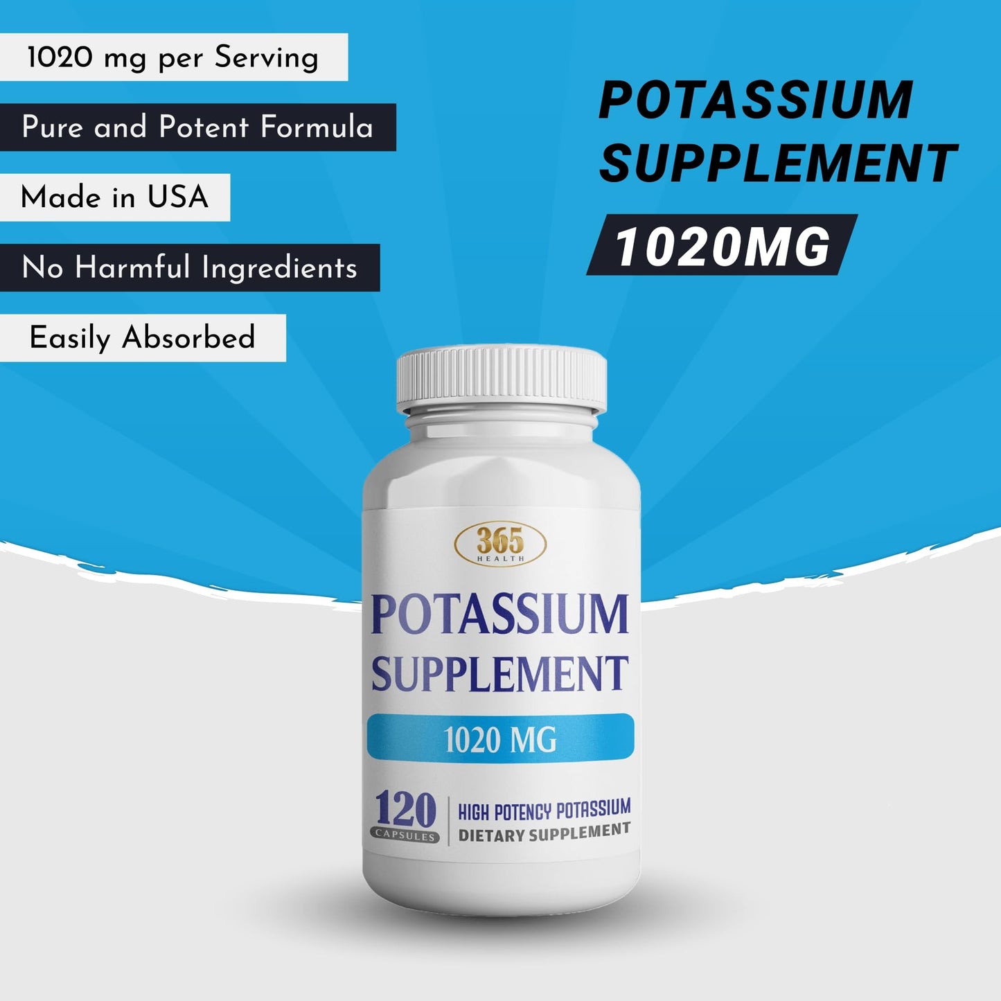 365 Health Potassium Supplement 1020 mg | Potassium Bicarbonate | Non-GMO | Gluten Free | Made in USA | 120 Vegetarian Capsules