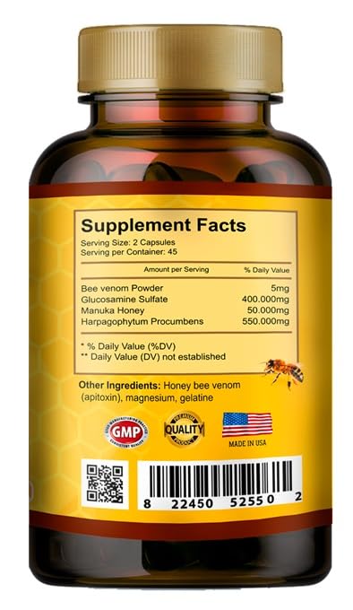 Premium Natural Bee Venom with Glucosamine Sulfate – 90 Capsules | Apitoxin & Manuka Honey Dietary Supplement