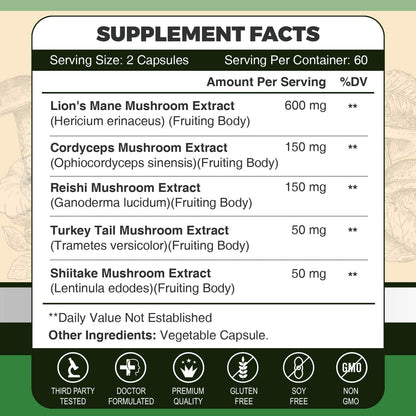 Lions Mane Mushroom Capsules – Memory, Focus & Immune Support | 117 Vegan Capsules