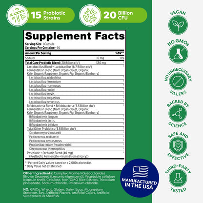 Probulin Total Care Probiotic | 20 Billion CFU, Gut, Digestive & Immune Support, 90-Count Vegan Capsules