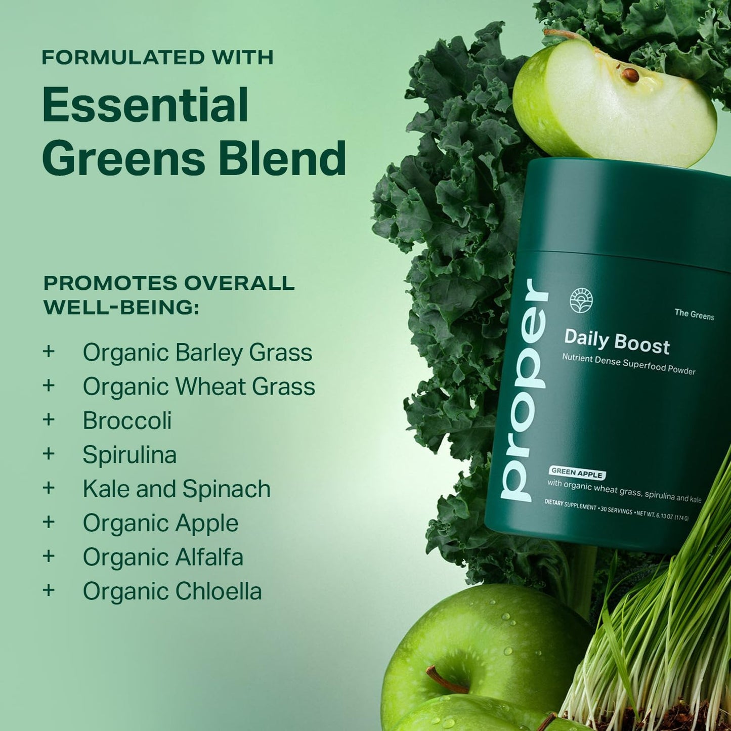 Proper The Greens Daily Boost Organic Greens Powder – Apple Flavor, Wheatgrass, Spirulina & Chlorella