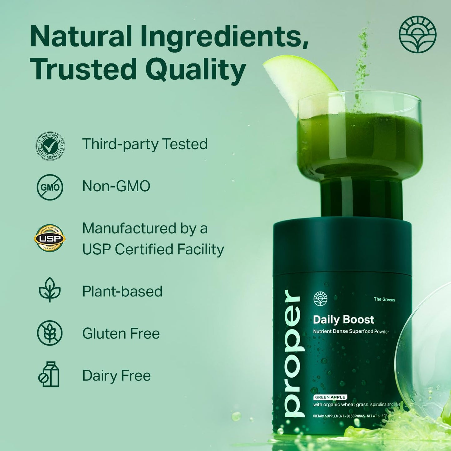 Proper The Greens Daily Boost Organic Greens Powder – Apple Flavor, Wheatgrass, Spirulina & Chlorella
