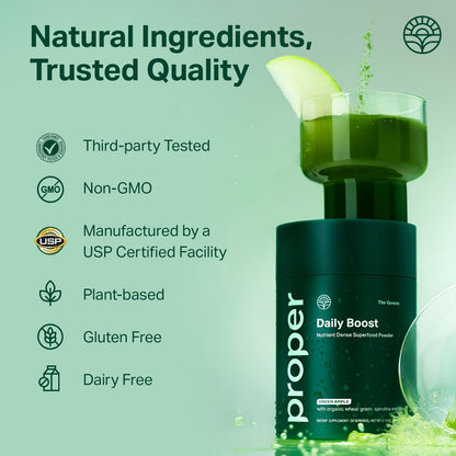 Proper The Greens Daily Boost Organic Greens Powder – Apple Flavor, Wheatgrass, Spirulina & Chlorella