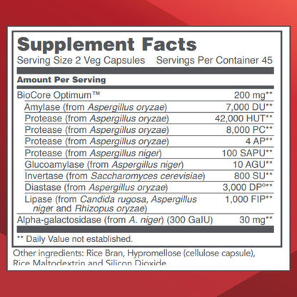 Protocol BioCore Enhanced Enzymes – Digest Beans & Cruciferous Veg – Amylase & Lipase – Kosher & Vegan – 90 Veg Capsules