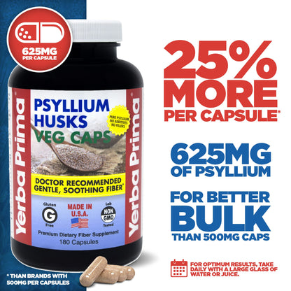 Yerba Prima Fiber Psyllium Husks Veg Caps - 180 Veg Caps