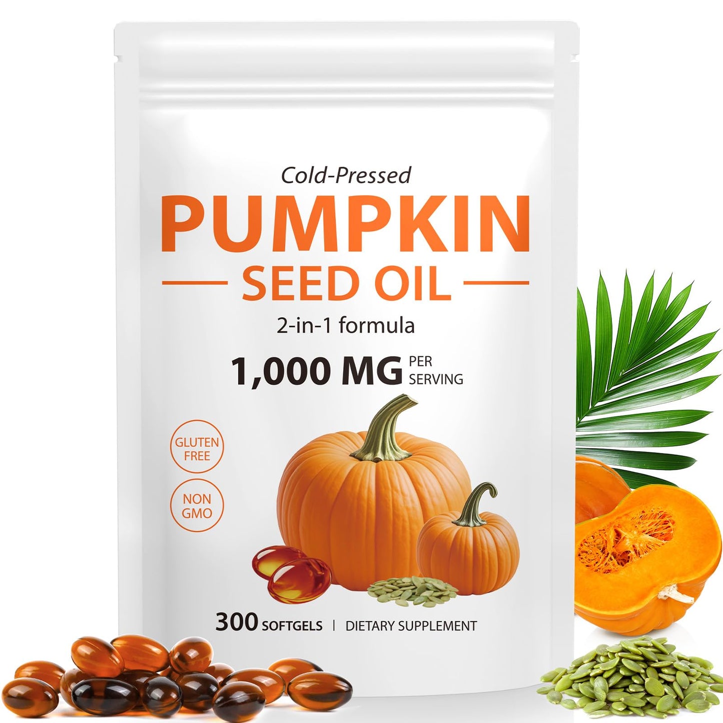 Pumpkin Seed Oil with Saw Palmetto – 1000mg per Serving, 300 Softgels | Hair, Prostate & Urinary Health | Cold Pressed, Non-GMO