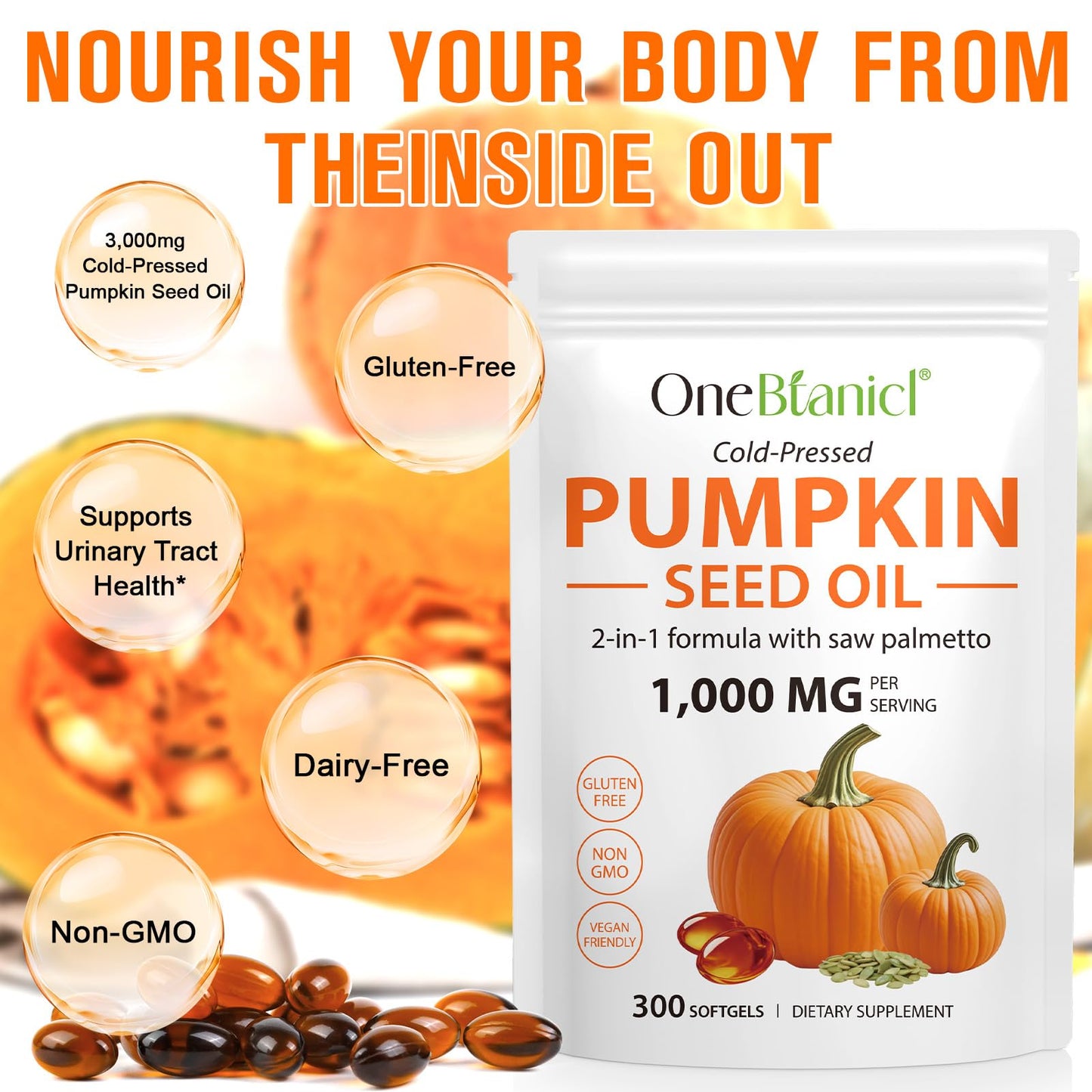 Pumpkin Seed Oil with Saw Palmetto - 3000mg Per Serving, 300 Softgels - Cold Pressed, Pure Virgin Oil, Essential Fatty Acids & Phytosterols - Supports Hair, Urinary, Bladder & Prostate Health, Non-GMO
