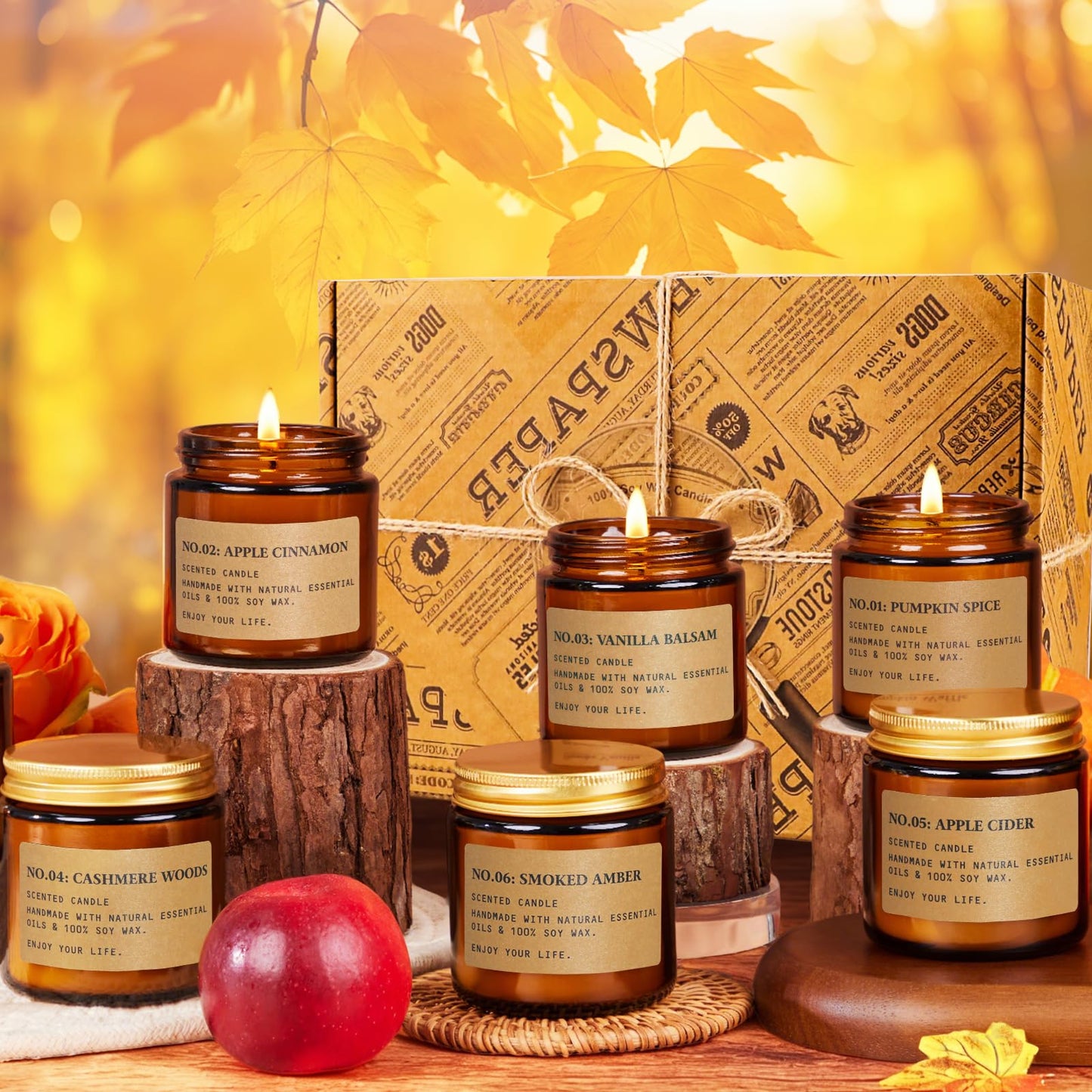 Fall Candles for Home: 6 x 3.5 oz Soy Wax, 150 Hours Long-Lasting – Pumpkin Spice & Apple Cinnamon