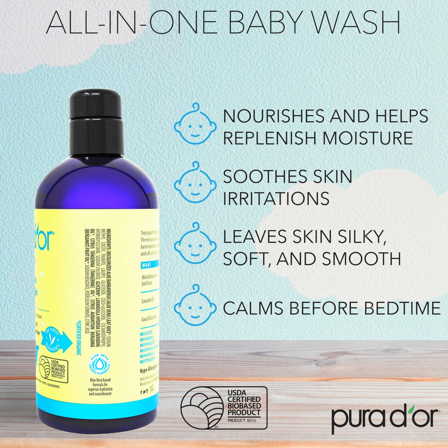 PURA D’OR All-in-One Baby Wash – 32 Oz, Tear-Free & Hypoallergenic