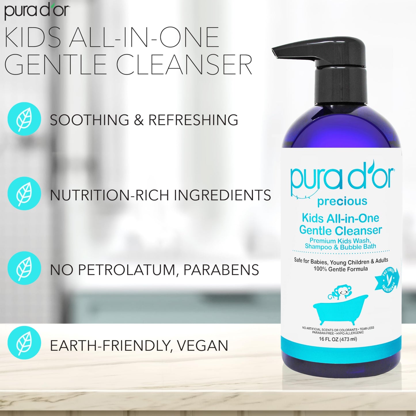 PURA D'OR Kids Wash All-in-One Gentle Cleanser - Tear-Free, Sulfate-Free, Hypoallergenic, 48oz