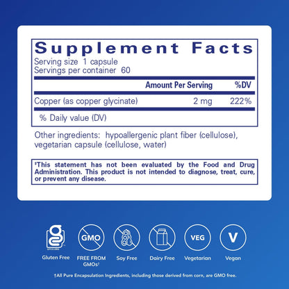 Pure Encapsulations Copper Glycinate 60 Capsules – 2 mg Copper, Supports Red Blood Cells & Energy Metabolism