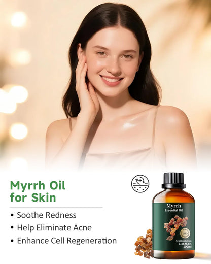 Pure Myrrh Essential Oil, Mumianhua Therapeutic Grade Natural Myrrh Oil for Skin Care, Aromatherapy, Beard Care, Earthy Candle Making, Cleaning Blends & Home Purifier 3.38 Fl Oz