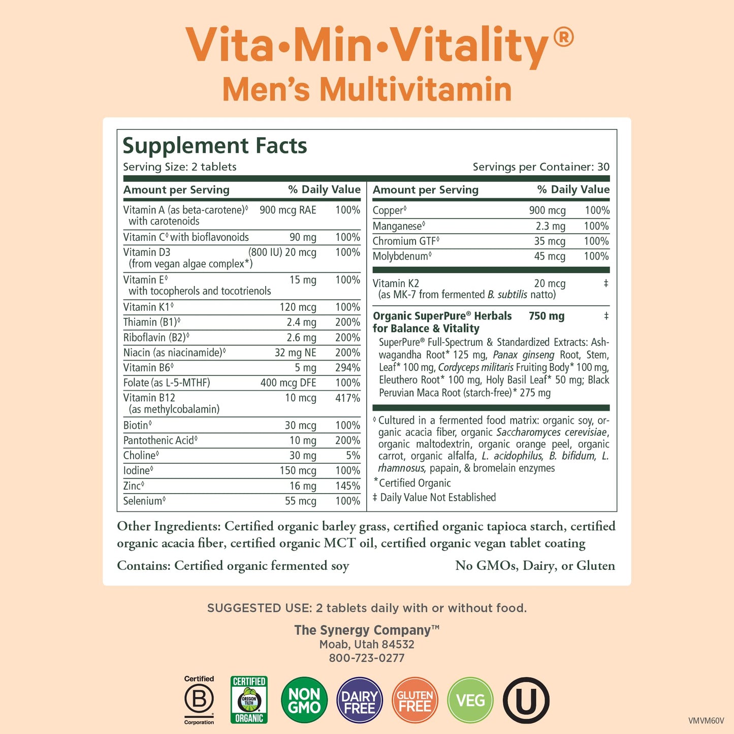 PURE SYNERGY Vita-Min-Vitality | Natural Men’s Multivitamin with Organic Whole Foods | Energy, Stress & Immune Support (60 Tablets)