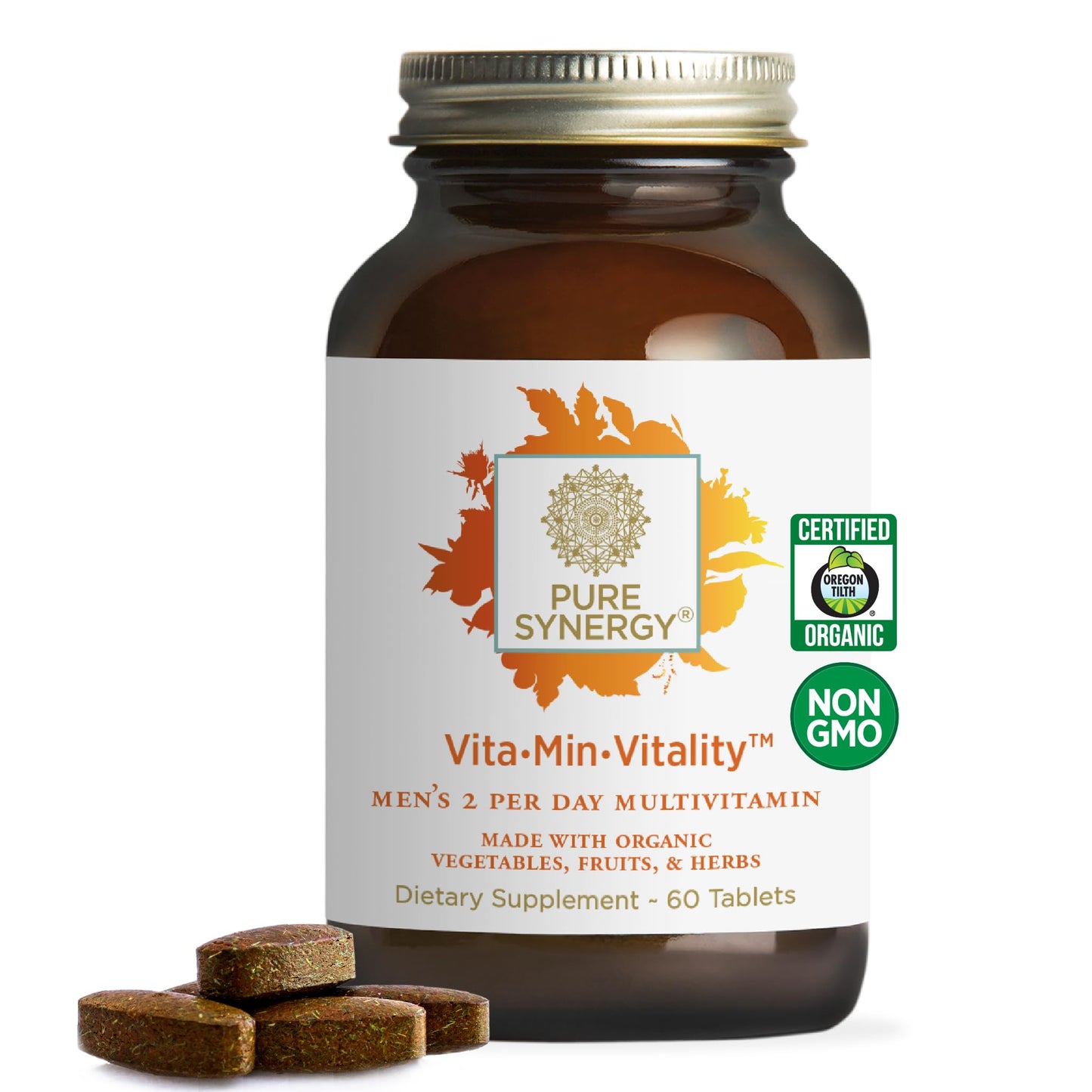 PURE SYNERGY Vita-Min-Vitality | Natural Men’s Multivitamin with Organic Whole Foods | Energy, Stress & Immune Support (60 Tablets)