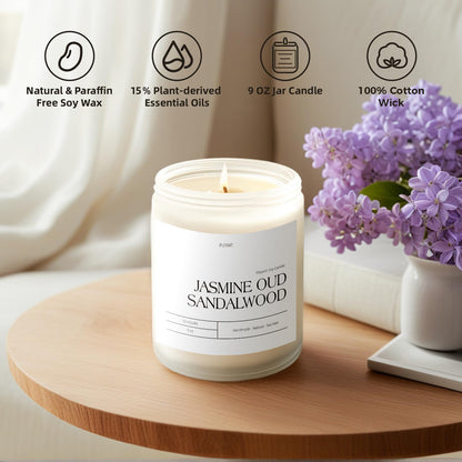 Putart Jasmine, Oud & Sandalwood Scented Candles - Natural Soy Wax, Non-Toxic Aromatherapy Gift (9oz White Glass Jar)
