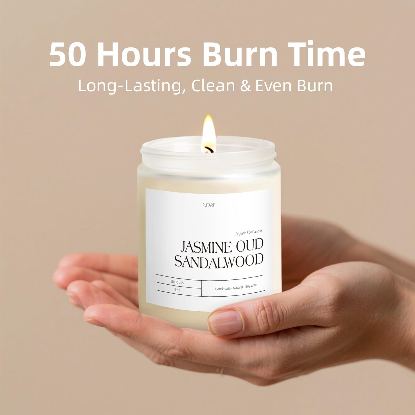 Putart Jasmine, Oud & Sandalwood Scented Candles - Natural Soy Wax, Non-Toxic Aromatherapy Gift (9oz White Glass Jar)