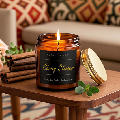 Putart Cherry Blossom Highly Scented Candle for Home, 9oz Natural Soy Aromatherapy Non Toxic Candles with Essential Oil, Home Fragrance Stress Relief & Meditation Jar Candles Gifts for Women & Men
