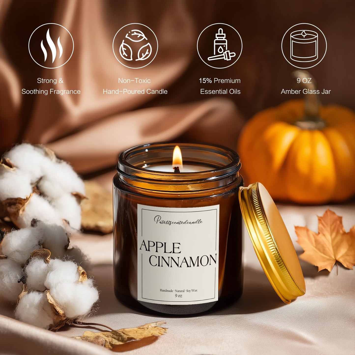 Putart Cinnamon Apple Scented Soy Candle, 9oz – Aromatherapy Jar for Stress Relief