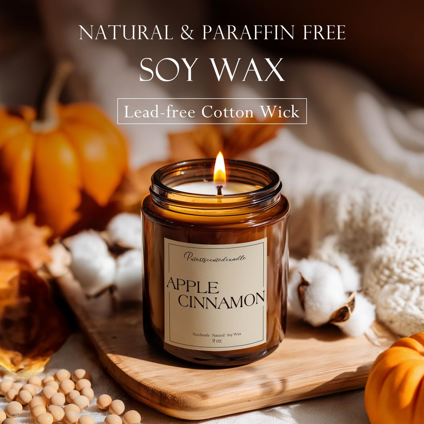 Putart Cinnamon Apple Scented Soy Candle, 9oz – Aromatherapy Jar for Stress Relief