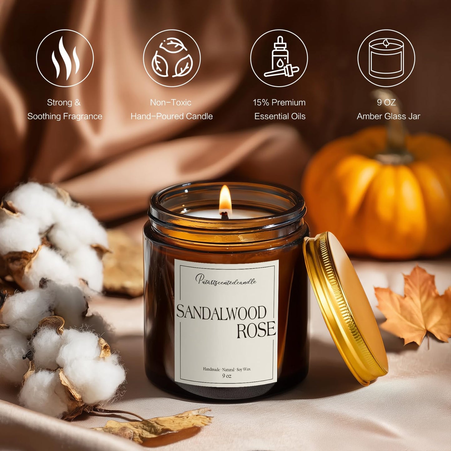 Putart Sandalwood & Rose Scented Candle – Natural Soy Wax 9oz Jar | Aromatherapy, Stress Relief Gift for Men & Women